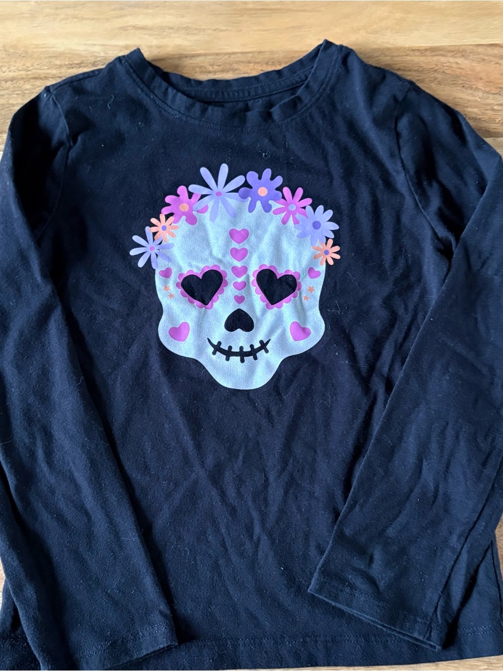 Girls Wonder Nation Black Long-Sleeve Tee with Floral Heart Skull Graphic size 6